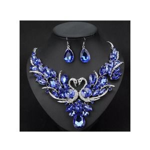 Silver Blue Sapphire Crystal Rhinestone Swan Necklace Earrings Bridal Prom Set